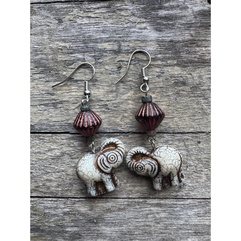 Elephant Czech Glass artisan boho style unique earrings